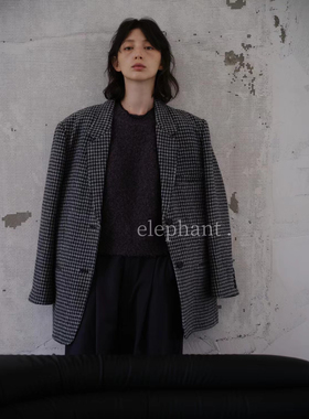 新品韩国大象家elephant男友风休闲千鸟格羊毛西装加厚外套女均码