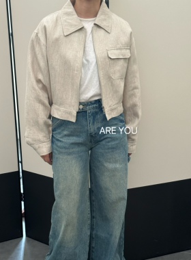 秋季新品韩国elephant气质简约麻料翻领拉链口袋工装短外套夹克女