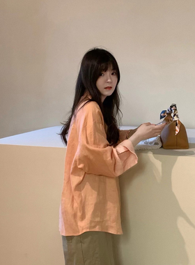 2024新品韩系handwash简约纯色v领翻领衬衫女宽松休闲女上衣