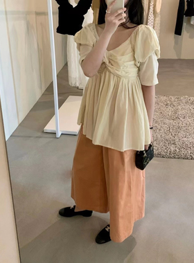 新品handwash33家一字领褶边可爱泡泡袖雪纺娃娃衫上衣女均码小衫