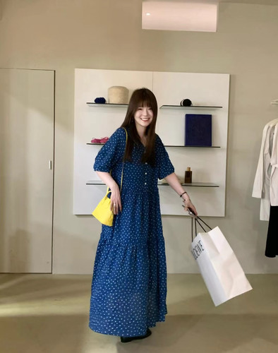 夏季新品韩国handwash33家v领波点宽松休闲小花连衣裙女均码