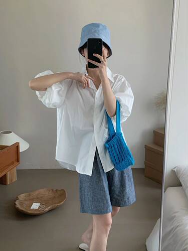 aboutmoon夏季新款韩版宽松显瘦百搭纯色泡泡袖衬衫女均码