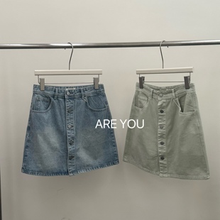 新品韩国elephant大象家复古休闲竖排扣水洗工装A字牛仔半裙百搭