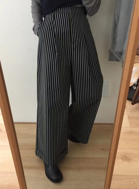新品韩系handwash复古宽松显瘦百搭条纹直筒阔腿休闲裤均码女