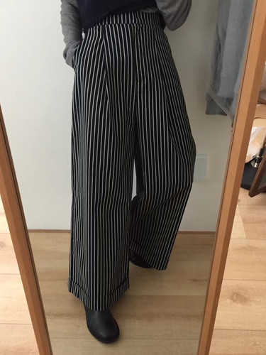 新品韩系handwash复古宽松显瘦百搭条纹直筒阔腿休闲裤均码女