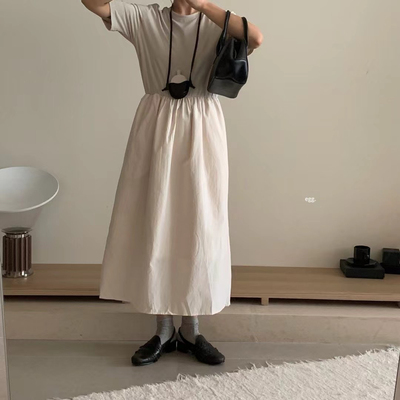 春夏新品新款鸡蛋家韩国egg圆领拼接短袖连衣裙均码女