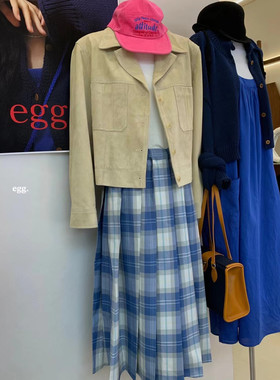 韩国egg鸡蛋简约翻领真皮米色麂皮绒夹克皮衣口袋短外套宽松均码