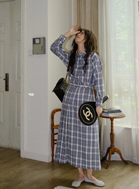 鸡蛋家egg日系复古文艺套装格纹翻领衬衫均码百褶半裙女时尚套装