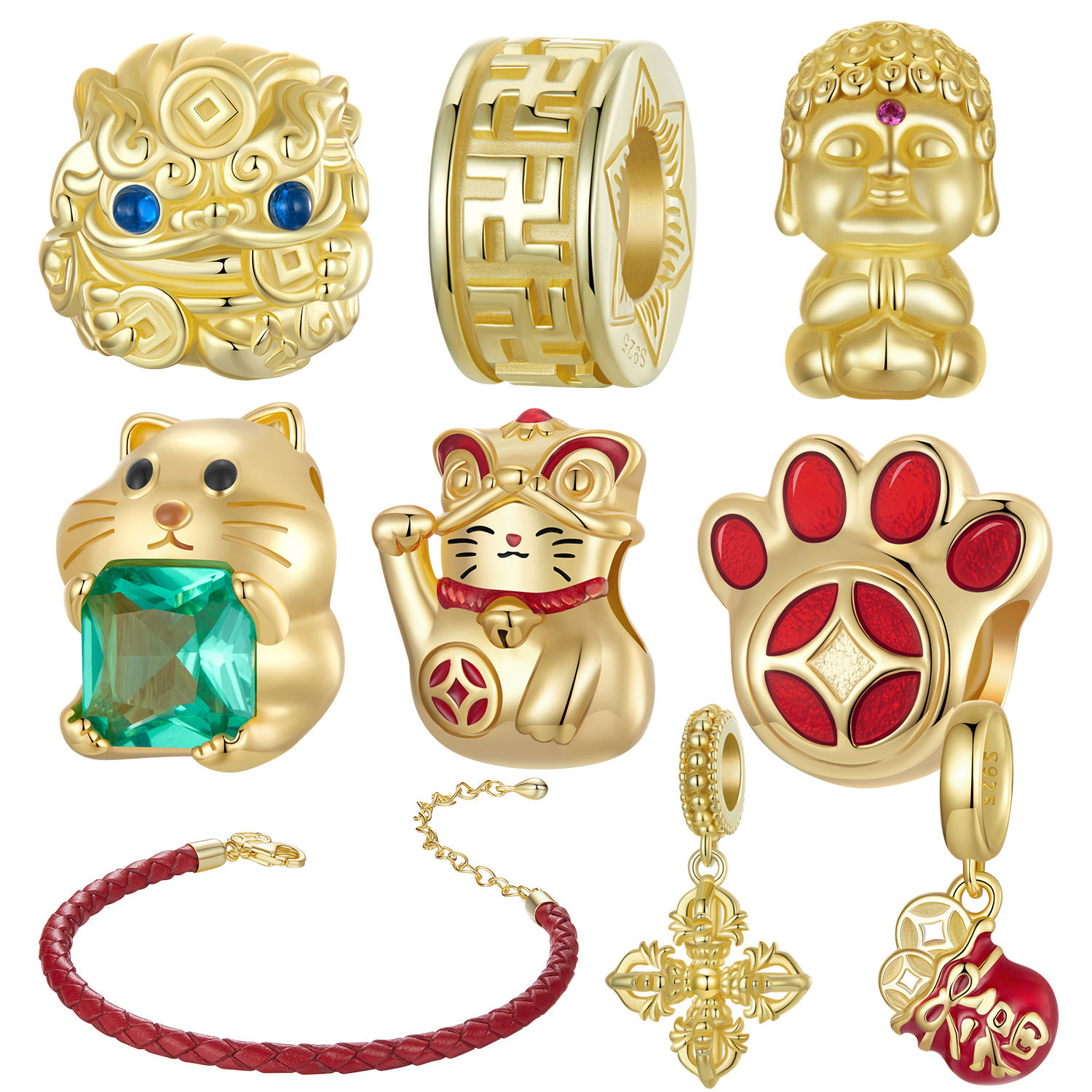 喜庆中国风925纯银珠子福袋招财猫DIY串珠手链饰品配件金色手串