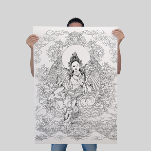 西藏非遗唐卡文创描金绿度母白描线稿画稿佛像涂色diy手绘唐卡像