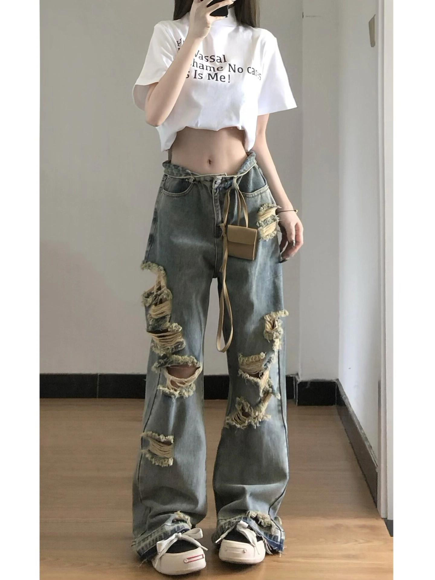 AMERICAN RETRO RIPPED JEANS WOMENS SUMMER THIN DRAPED TASSEL DESIGN LOOSE WIDE LEG PANTS LONG PANTS