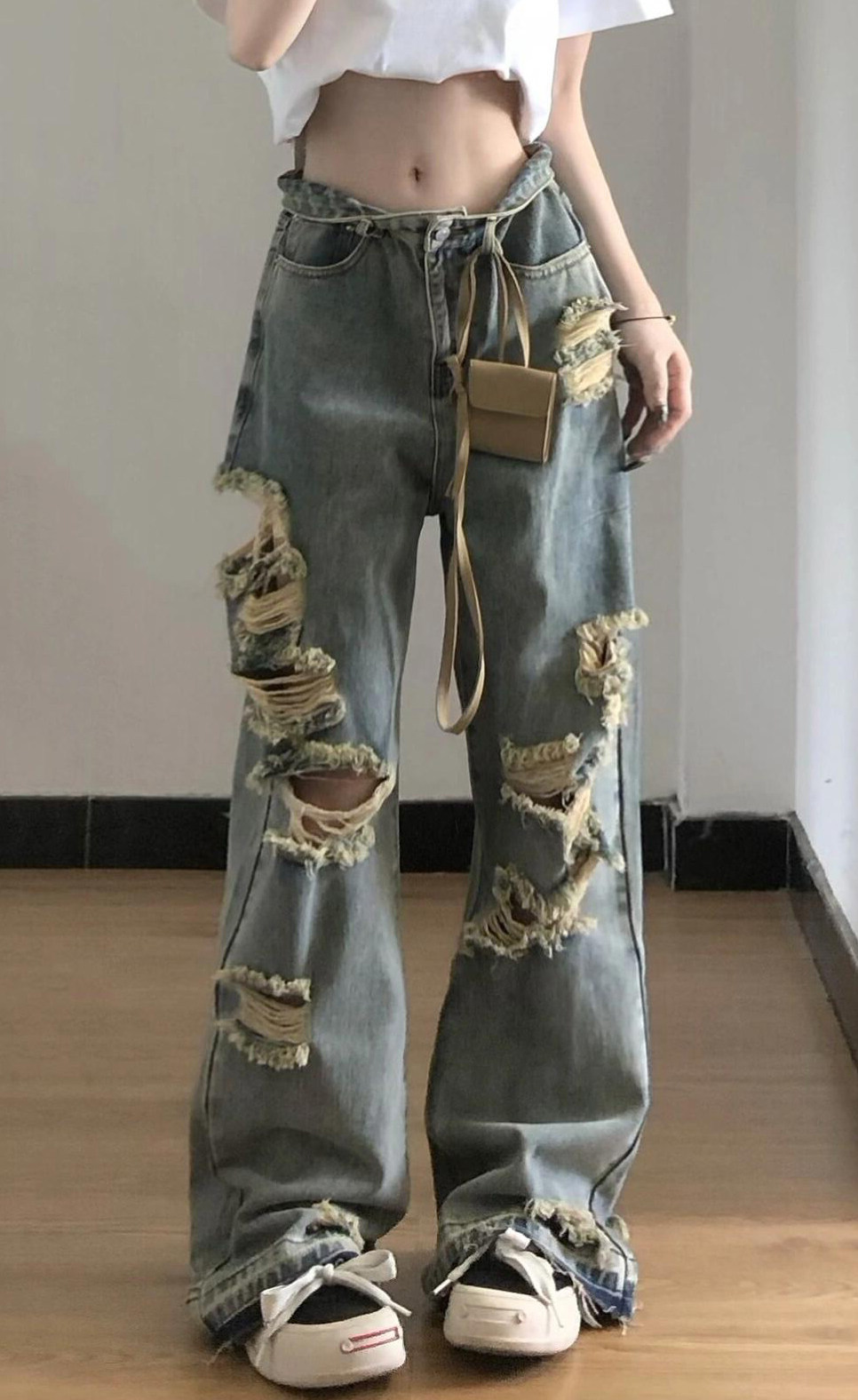 AMERICAN RETRO RIPPED JEANS WOMENS SUMMER THIN DRAPED TASSEL DESIGN LOOSE WIDE LEG PANTS LONG PANTS