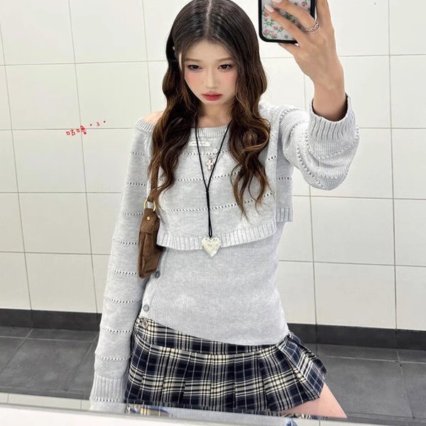 韩系温柔风上衣穿搭修身显瘦针织挂脖吊带叠床长袖罩衫女秋两件套