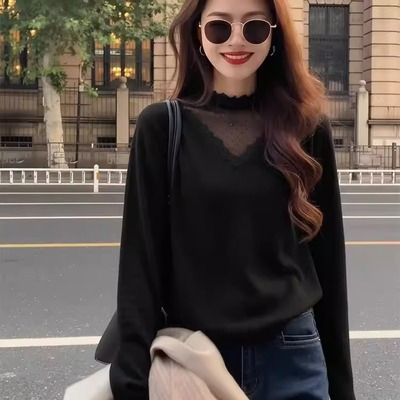 别致漂亮黑色蕾丝内搭v领针织衫