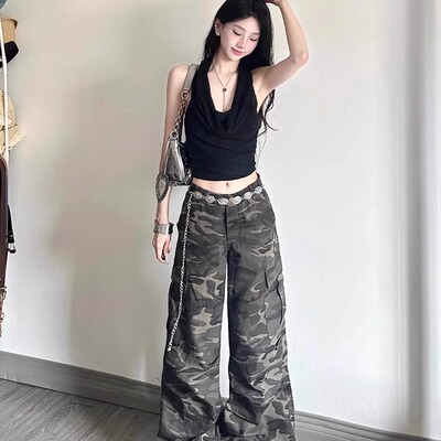 美式辣妹风黑色荡领无袖挂脖背心