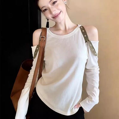 高级感超好看白色露肩长袖T恤女