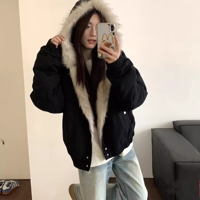 美式复古黑色毛领连帽棉服女