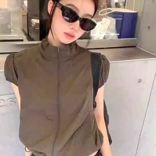 街头复古立领短袖防晒短款T恤女