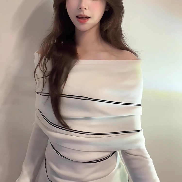 韩系极简风一字肩条纹针织衫女2025秋冬季设计感修身性感露肩上衣