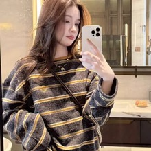 慵懒风条纹撞色圆领德绒上衣女秋冬新款宽松百搭单穿磨毛长袖t恤