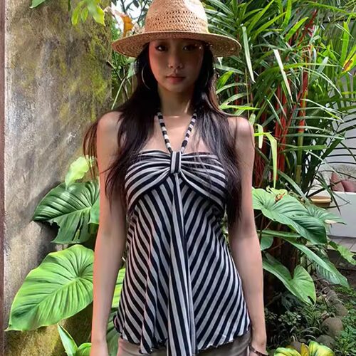 美式辣妹风条纹撞色挂脖抹胸背心