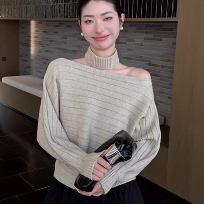 法式气质一字肩坑条针织打底衫