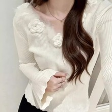 法式时尚V领立体花朵针织衫女秋冬设计感超好看内搭打底衫上衣潮