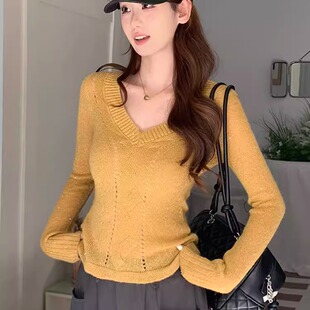 纯欲风气质v领长袖针织衫毛衣女春装春季新款显瘦打底衫内搭上衣