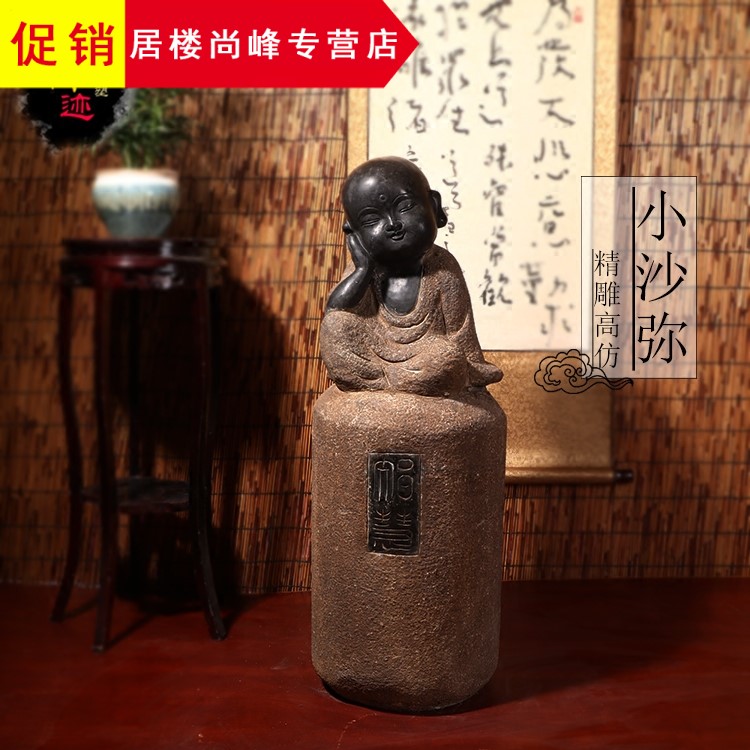 石雕小沙弥摆件禅意石头小和尚石佛像青石仿古庭院户外花岗岩石柱