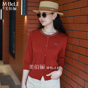 美佰俪天丝长袖红色针织衫女2025新款镶钻圆领百搭气质套头上衣