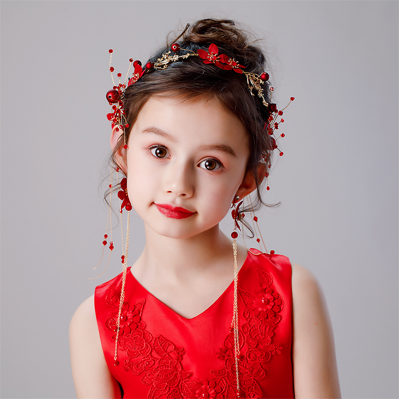 女童红色头饰儿童礼服走秀配饰发带耳夹环套装摄影写真饰品头环女