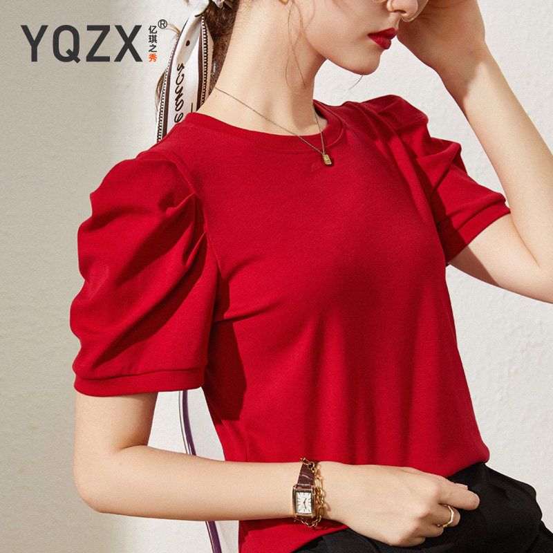 车厘子红t恤女短袖纯棉夏季2022新款女装黑色法式公主泡泡袖上衣