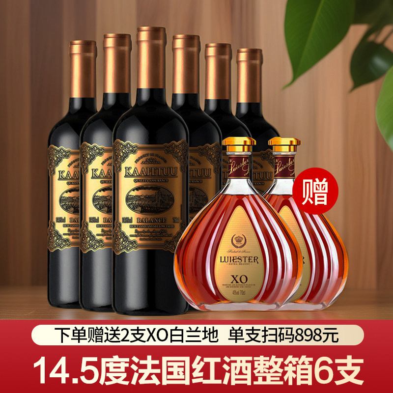 法国进口红酒14.5度干红葡萄酒整箱6支装送2瓶XO白兰地洋酒