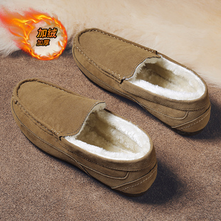 带逗逗潮流百搭青年加绒棉鞋 保暖无鞋 子 男冬季 棕色皮毛一体豆豆鞋