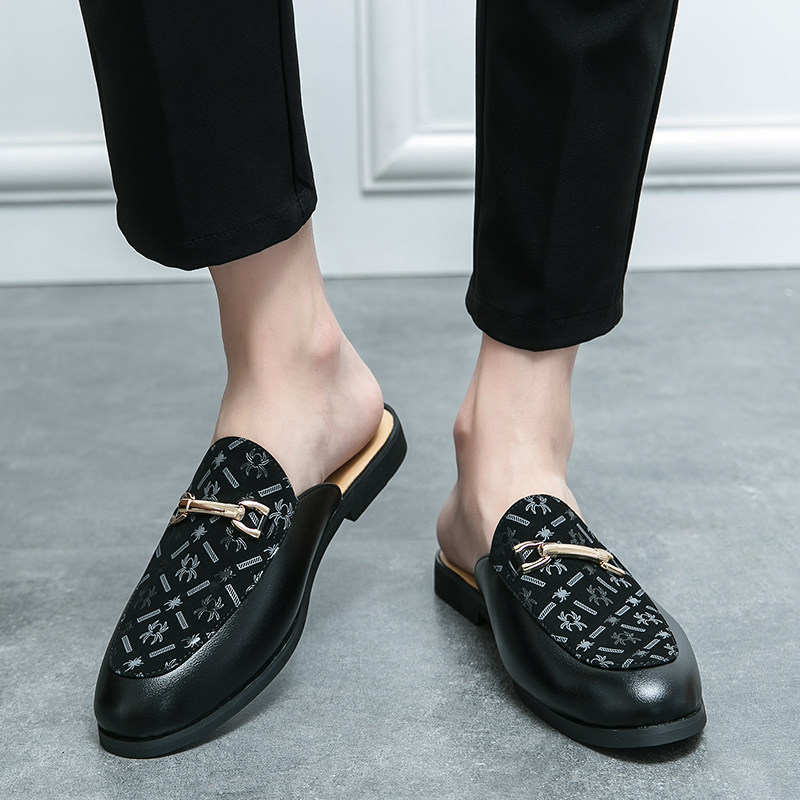 包头半托皮鞋男个性潮流发型师夜店无后跟懒人豆豆45大码半拖潮鞋