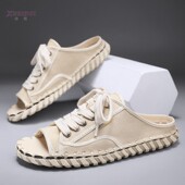 男夏款 青少年休闲懒人潮男式 个性 半拖帆布鞋 韩版 潮流一字拖鞋 拖鞋