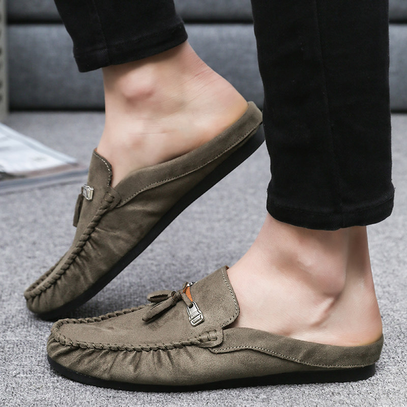 军绿色个性半托豆豆鞋男2026新款无后跟一脚蹬休闲半脱鞋翻毛皮鞋,流行男鞋,乐福鞋（豆豆鞋）,淘宝优惠券,粉丝福利购,淘宝优惠卷