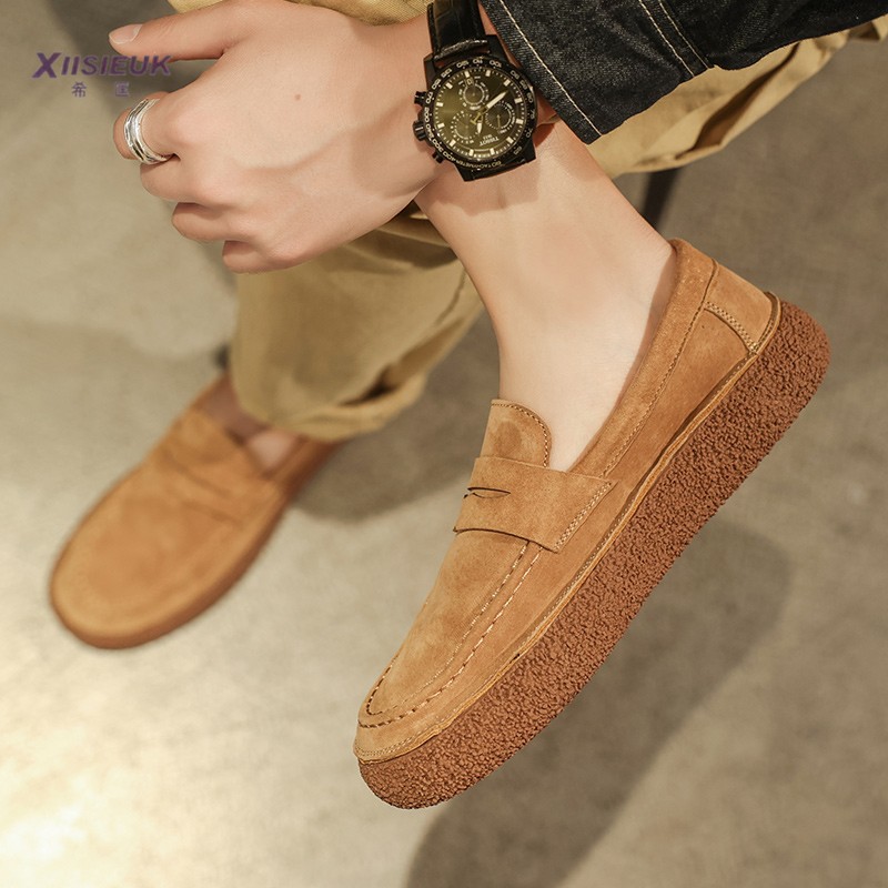 希匡高端豆豆鞋棕色一脚蹬反绒