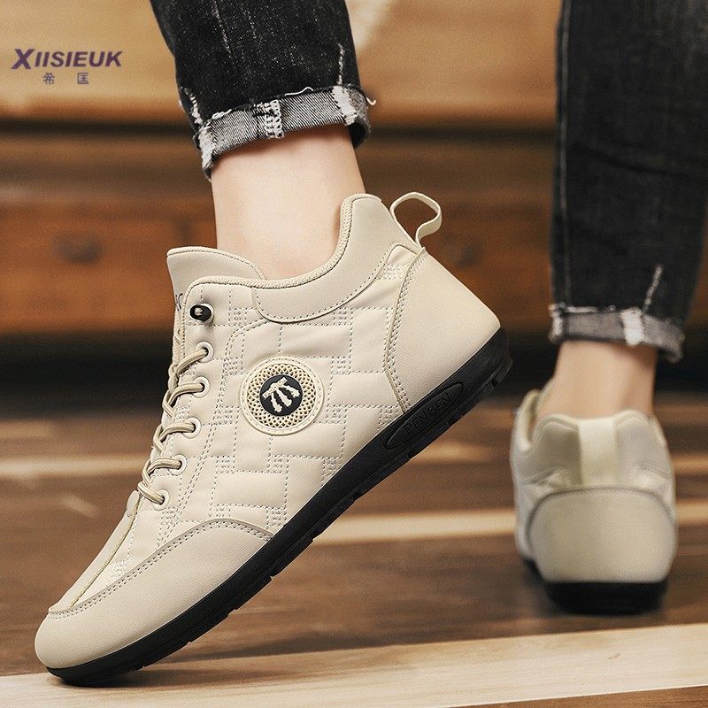 米色个性男式中邦板鞋秋冬新款皮面防水高帮豆豆鞋休闲一脚蹬潮鞋,流行男鞋,高帮鞋,淘宝优惠券,粉丝福利购,淘宝优惠卷