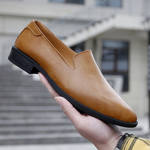 手工皮鞋 无鞋 男韩版 青年日系一脚蹬小皮鞋 带 英伦商务西装 棕色个性