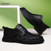 镂空皮鞋 男真皮夏季 单网布中年人爸爸商务休闲洞洞鞋 3738小码 凉鞋