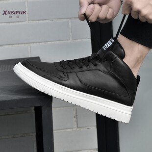 秋冬新款男士高帮运动鞋黑面白底中邦小白鞋头层牛皮学生休闲板鞋