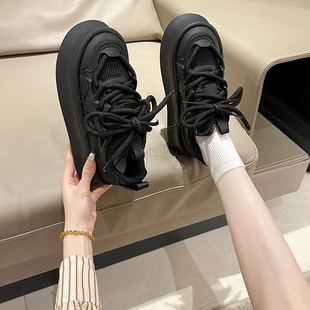 韩系设计感黑色松糕鞋 爆款 2024新款 女春百搭增高老爹鞋 港风小白鞋