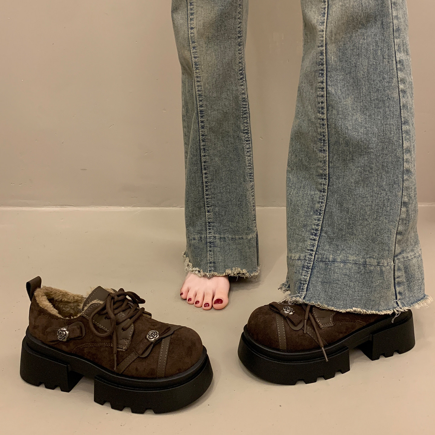 法式厚底加绒绝美深口单鞋女秋冬季2025新款玛丽珍棕色系带小皮鞋,女鞋,深口单鞋,淘宝优惠券,粉丝福利购,淘宝优惠卷