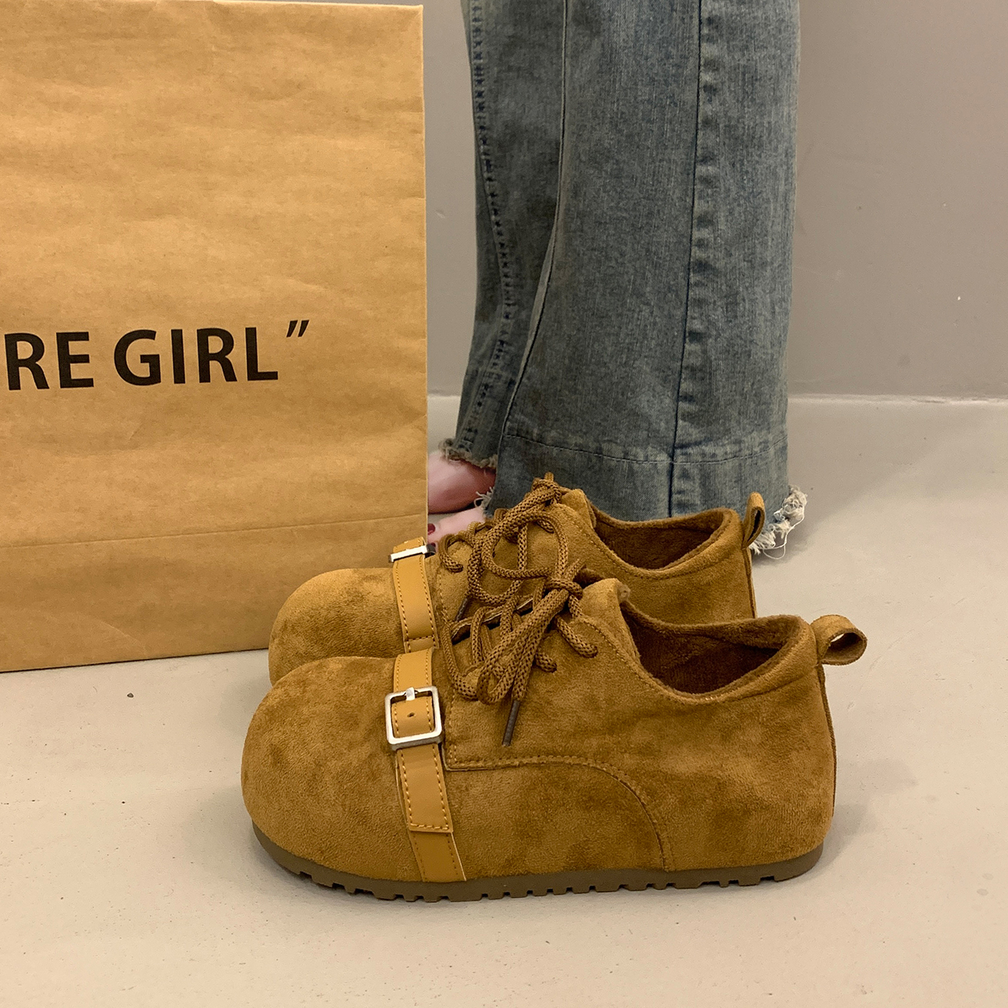 系带深口单鞋女冬全包博肯鞋毛绒