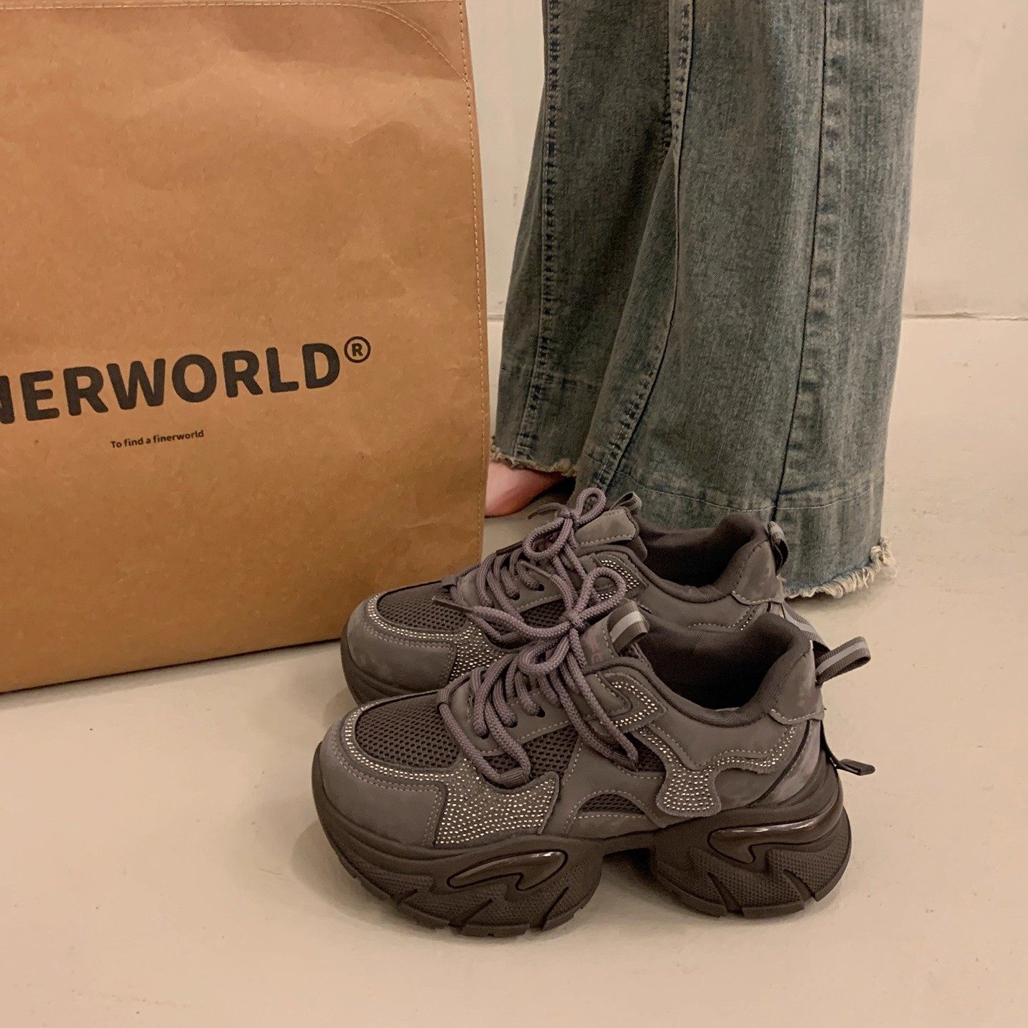 欧货百搭厚底老爹鞋女显脚小增高2026超火新款春秋灰色运动休闲鞋,女鞋,时尚休闲鞋,淘宝优惠券,粉丝福利购,淘宝优惠卷