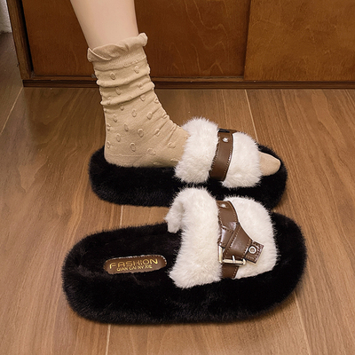 网红白色毛毛鞋女冬平底毛绒绒鞋