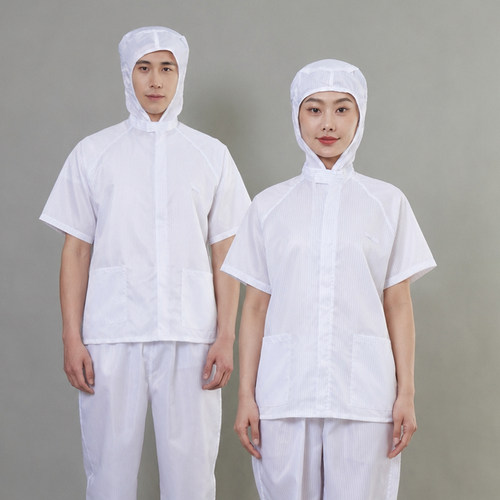 白色短袖带帽食品工作服上衣裤子