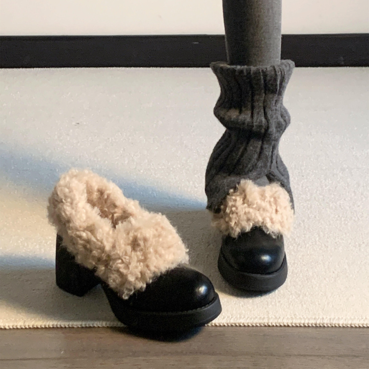 法式加绒高跟毛毛鞋女冬季新款一脚蹬圆头乐福鞋粗跟玛丽珍小皮鞋,女鞋,棉鞋,淘宝优惠券,粉丝福利购,淘宝优惠卷