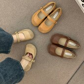 日系圆头单鞋 女2025年新款 勃肯鞋 复古玛丽珍鞋 皮面绒面软底奶奶鞋